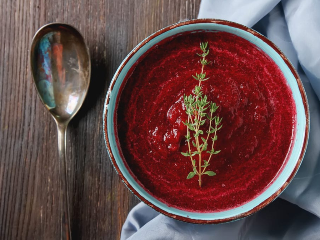 Beetroot and apple soup with flatbread